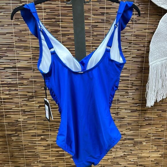DKNY MOIRE FLORAL BLUE MULTI Ruffle Tummy-Control One-Piece Swimsuit US 14 - Picture 3 of 3